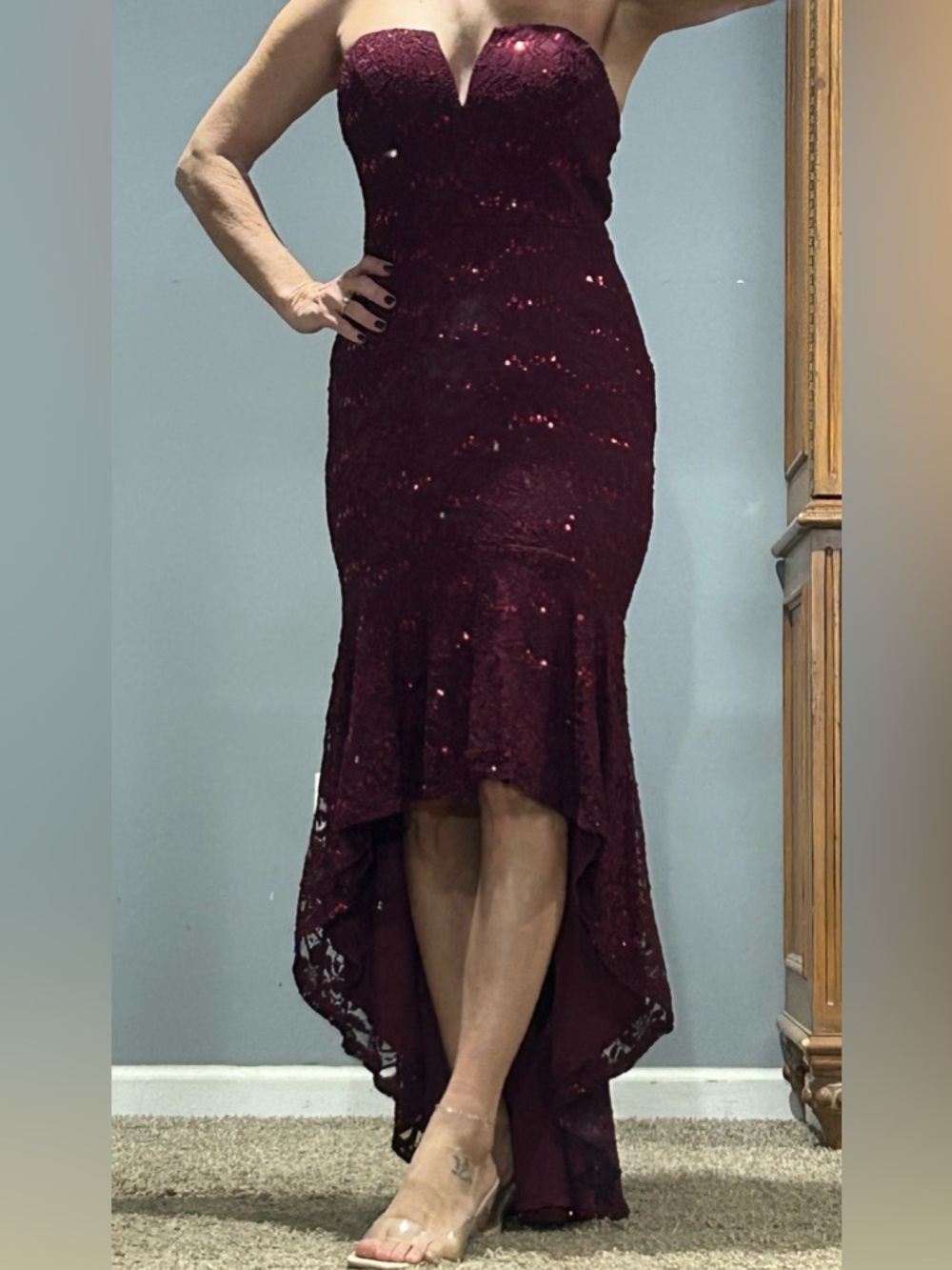 VENUS Burgundy Sequin Lace High-Low Strapless Prom Dress